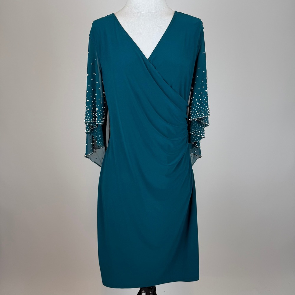 NWD MSK Neo Emerald Faux Wrap Cape Dress Embellished Pearl Sleeves Size Large - Picture 2 of 10